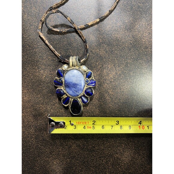 NECKLACE Sodalite And Lapis Lazuli Flower Pendant Handmade/Signed By Artisan - Picture 10 of 14
